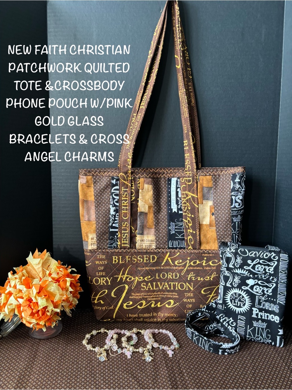 New Quilted Christian Tote Bag & Phone Pouch W/Gold & Pink Bracelets & Charms